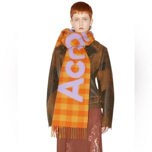 ACNE STUDIOS NWT Check Logo Fringed Wool Scarf in Orange/Lilac - Picture 1 of 6